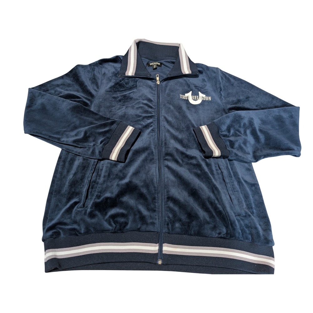 True Religion Track Jacket Mens S Navy World Tour Velour Zip Up Striped Ribbed